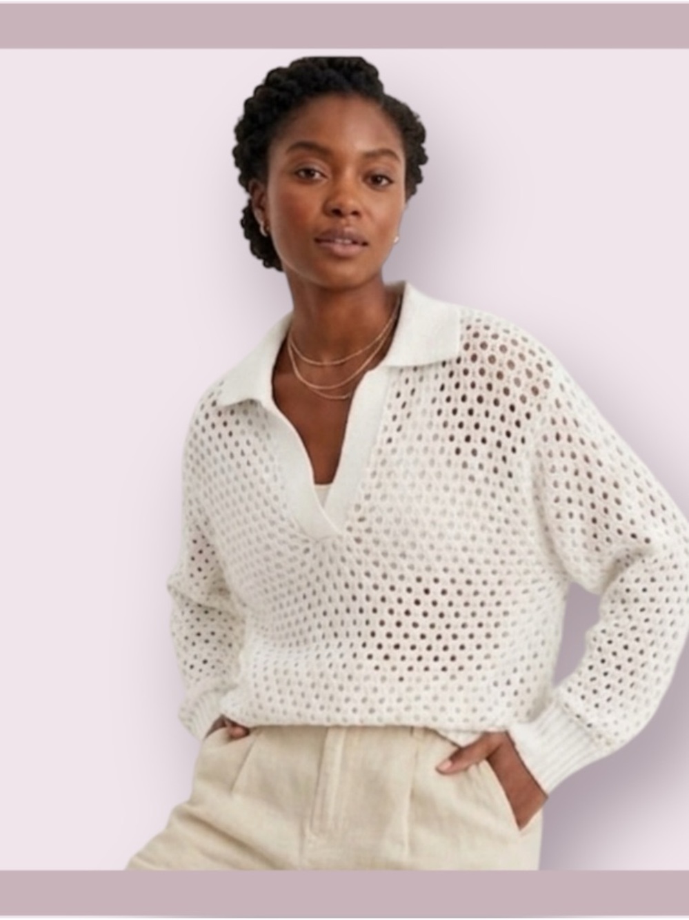 Aerie White Oversized Open Knit Polo Sweater